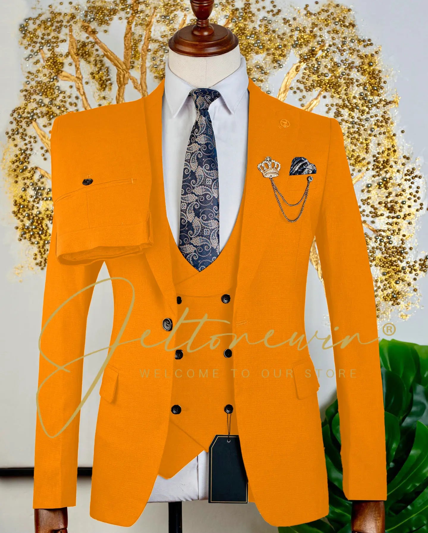 Men's Brown Three Piece Suit with Vest and Trousers Slim Fit Formal Wear for Wedding Groomsmen Party Business Occasion
