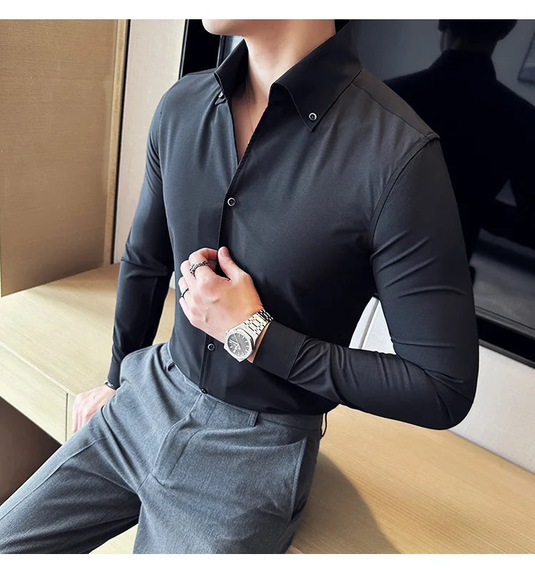 Men Dress Shirt 2025 Autumn British Style Solid Casual Slim Fit Formal Camisas V-neck Long Sleeves Shirt Streetwear Men Clothing