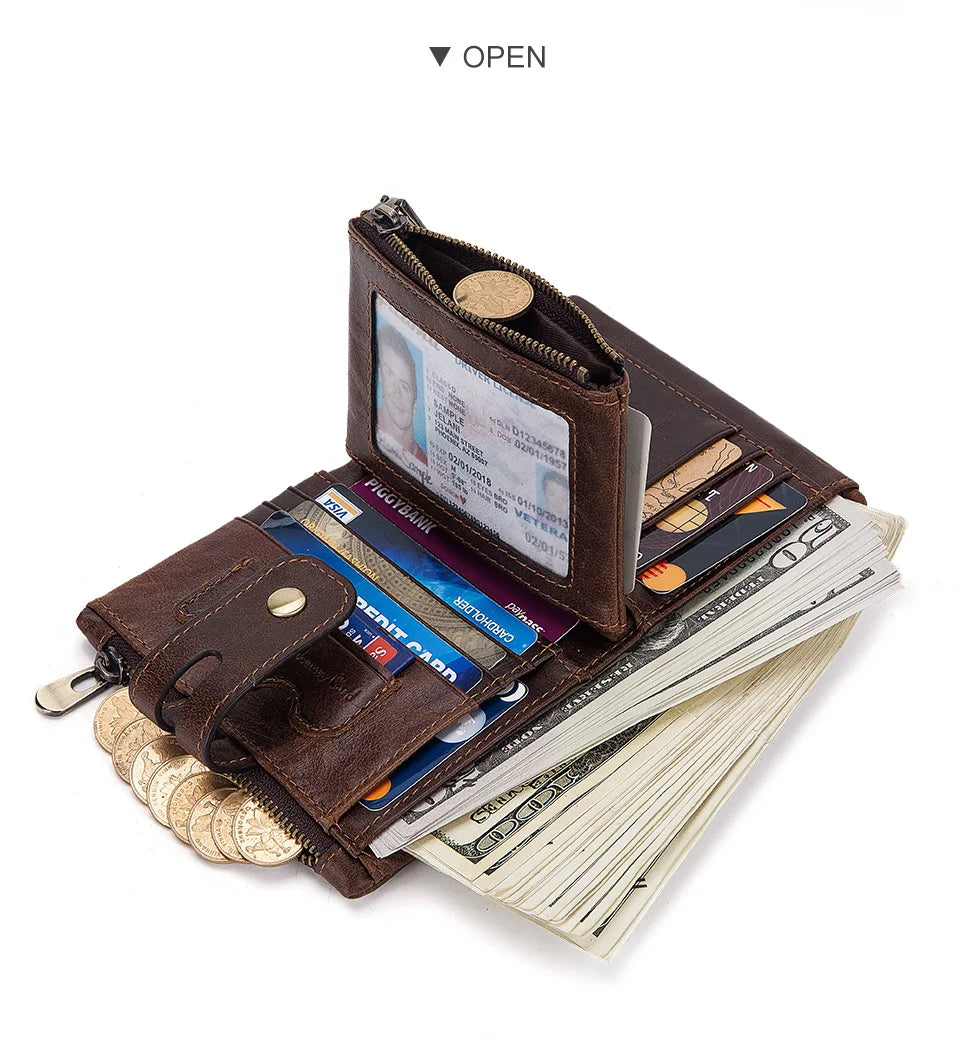 LAREET Fashion Genuine Leather Wallet With Cowhide For Men Money Card Holder Purse RFID Short Double Zipper Coin Pocket Bifold