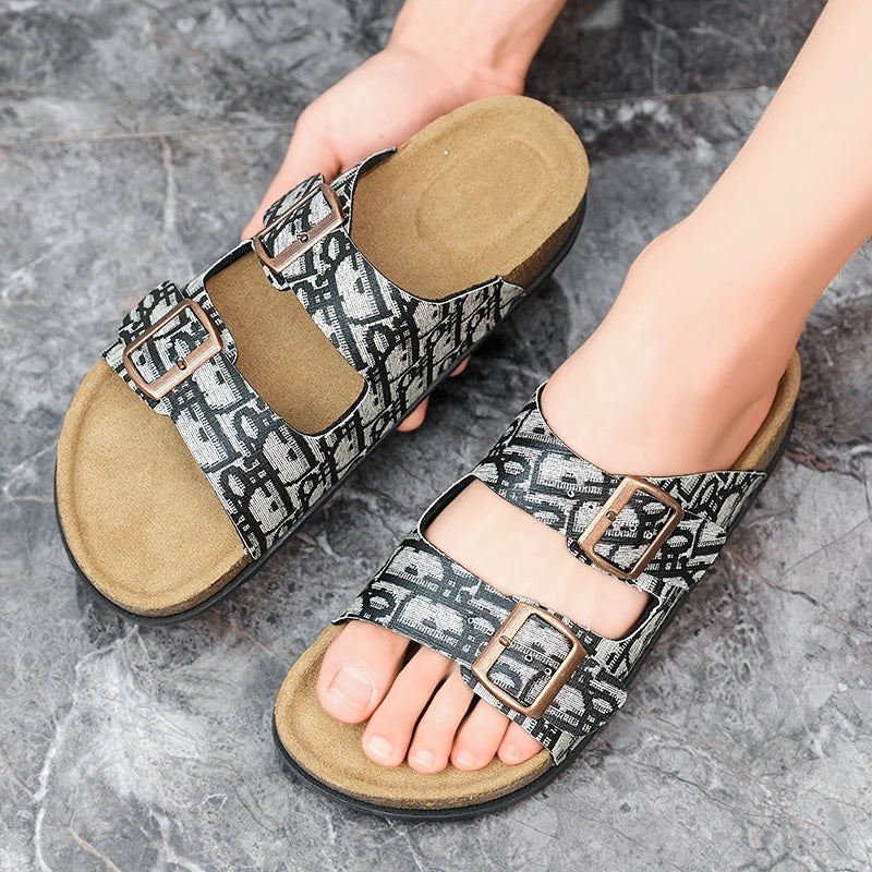 2025 Luxury Cork Slippers for Men Fashion Print Designer Slides Man Summer Mules Slippers Men Comfortable Brand Sandals Unisex