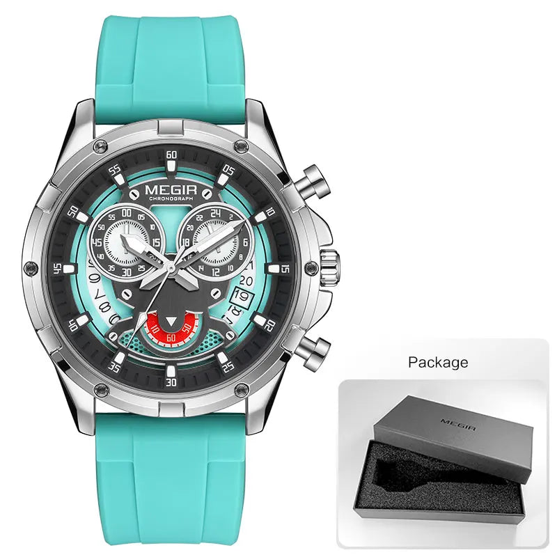 MEGIR New Sport Watches for Men Fashion Chronograph Quartz Wristwatch with Silicone Strap Luminous Hands Calendar Waterproof