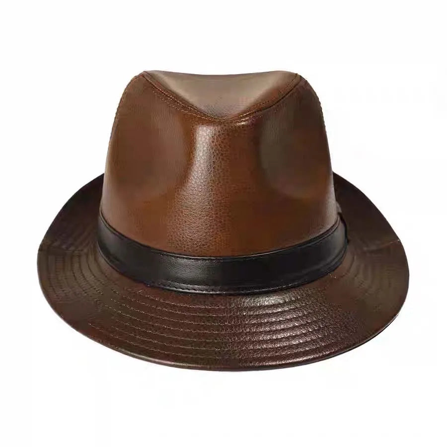 Man High Quality Genuine Leather Jazz Fedora Gentleman Cowhide Short Brim Black/Brown Top Hat Male Shows Topper Color Blocking