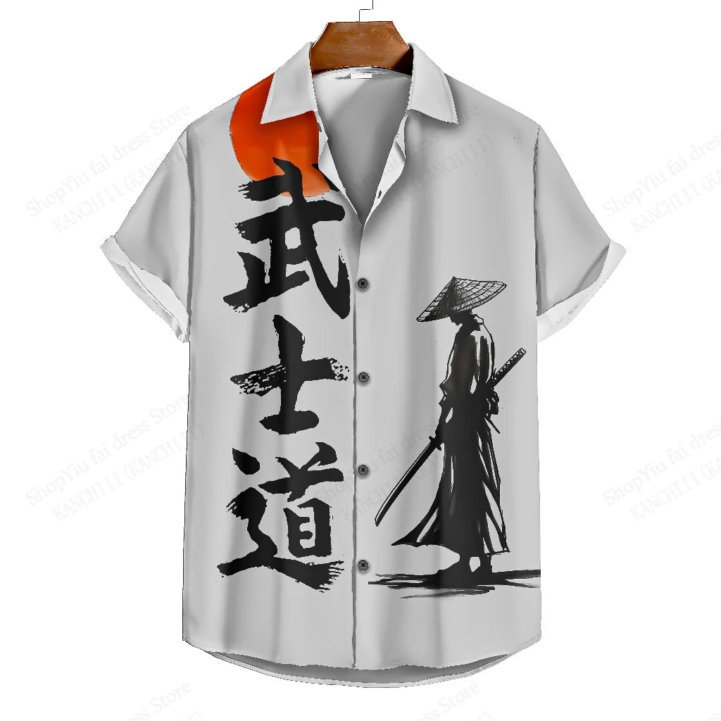 Japanese Style Samurai Cat 3d Print Hawaiian Shirt Men Women Fashion Short Sleeve single-breasted Casual Beach Shirts Men blouse