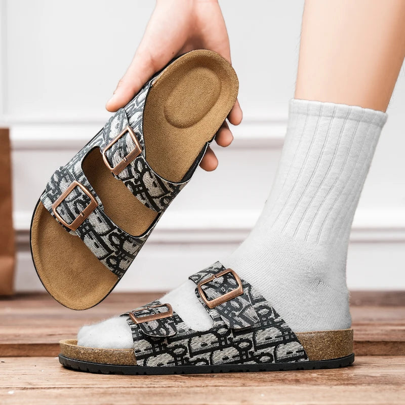 2025 Luxury Cork Slippers for Men Fashion Print Designer Slides Man Summer Mules Slippers Men Comfortable Brand Sandals Unisex