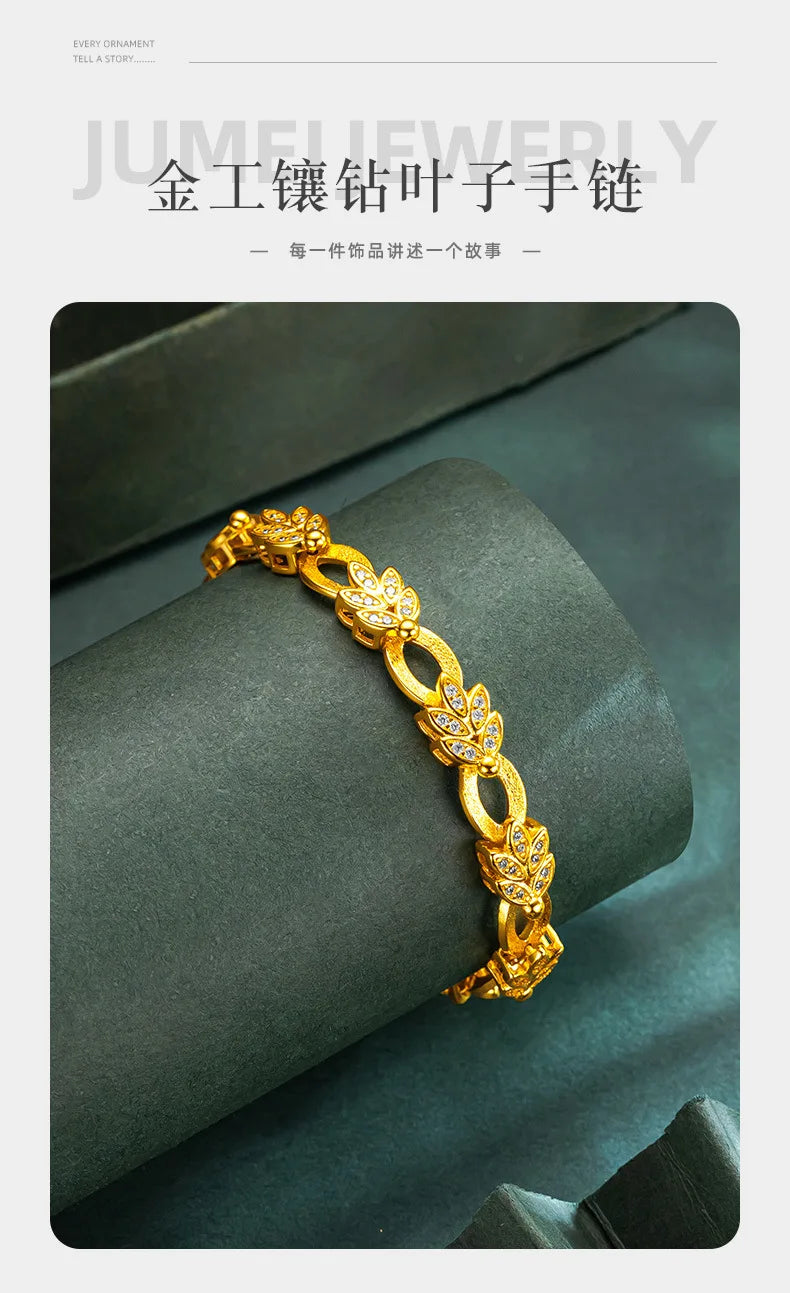 9999 24K real gold diamond leaf bracelet with gold color clip buckle design as a birthday gift for your girlfriend