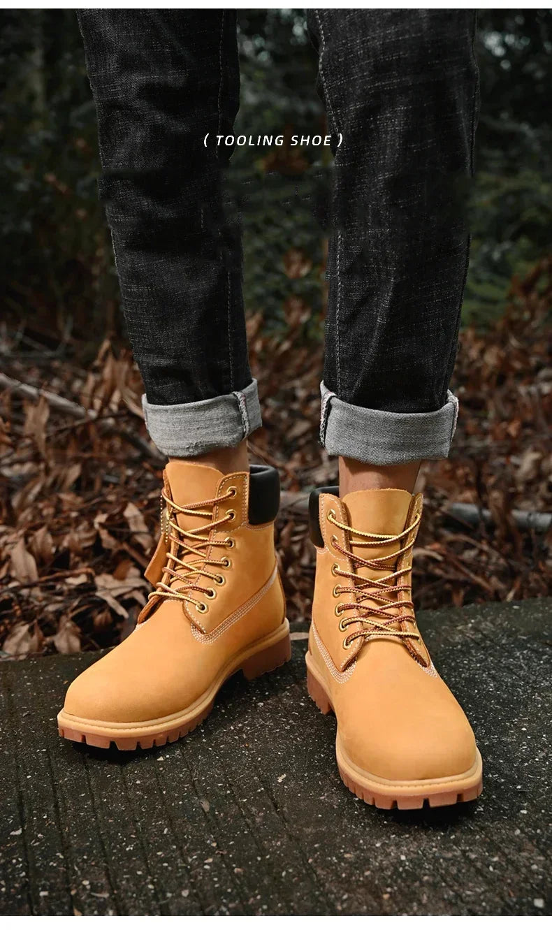 Men Boots High Top Boots Men's Leather Shoes Winter Fashion Plush Warm Shoes Outdoor Sneakers Lace Up Non-Slip Ankle Boots Male