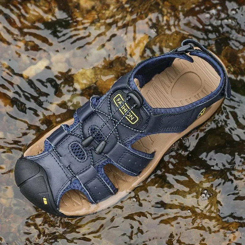 Big Size Men's Sandals Summer Anti-collision Outdoor Walking Treking Casual Shoes Leather Hiking Men Slippers Beach Wading Shoes