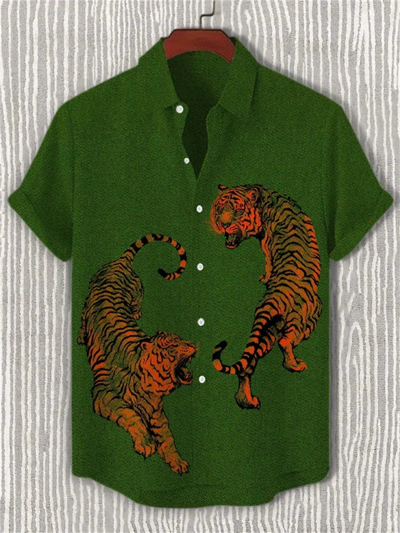 New men's linen art 3D wave print short sleeved shirt with warrior cat animal pattern casual short sleeved shirt top