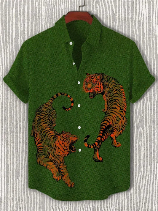 New men's linen art 3D wave print short sleeved shirt with warrior cat animal pattern casual short sleeved shirt top