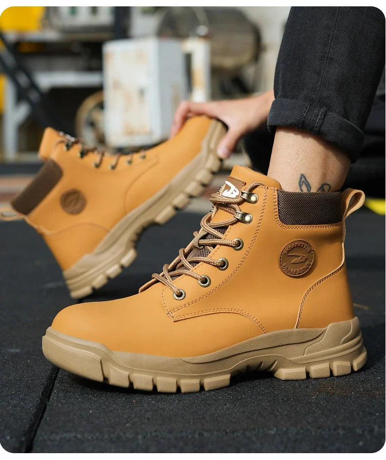 Work Safety Boots for Men, Anti-smash Steel Toe Shoes, Puncture-proof, Indestructible, Waterproof Sneakers Brown Boots