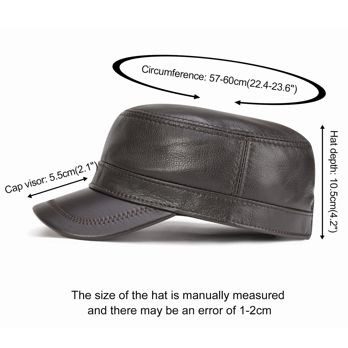 VOBOOM Winter Leather Cadet Army Cap Cabbies Adjustable Soft Flat Top Military Style Hat for Men