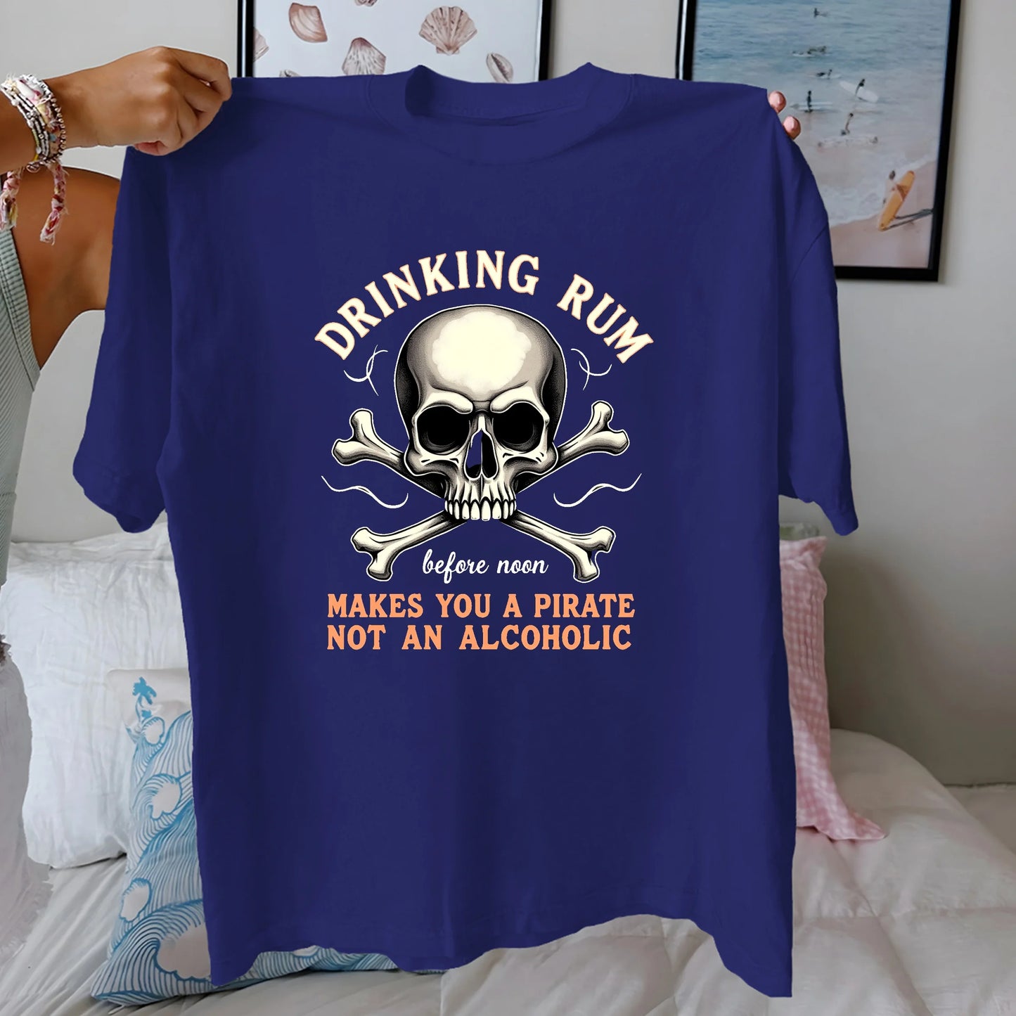 Skull DRINKING RUM pirate theme  pure cotton women's Tshirt comfort fit