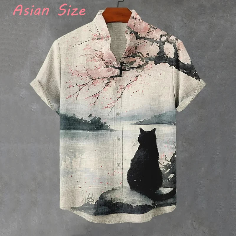 Summer Men's Retro Cartoon samurai Cat Theme Short Sleeve Shirt vintage japanese style Casual Vacation Streetwear Men's camisas