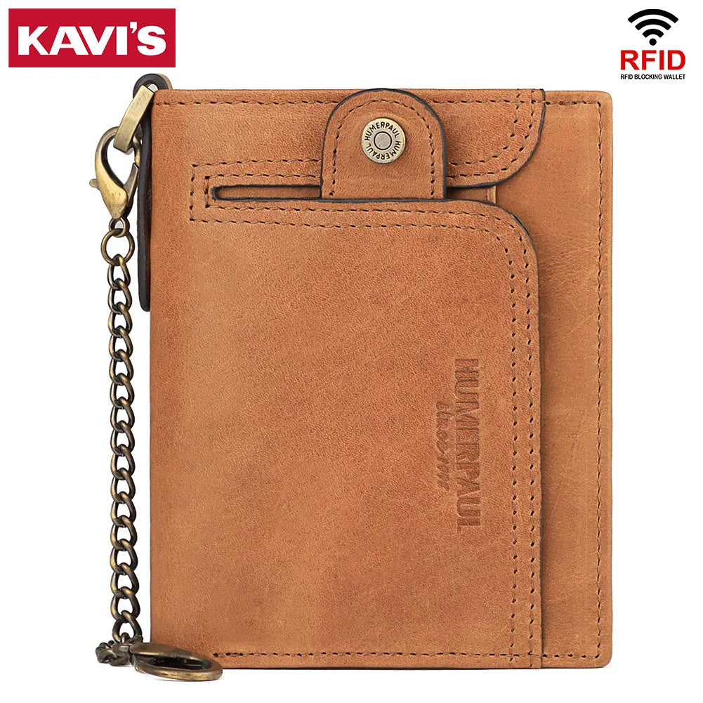 Real Leather Wallet for Men RFID Blocking Credit Card Holder Purse Male Short Bifold Zipper Coin Pocket with Anti-Theft Chain