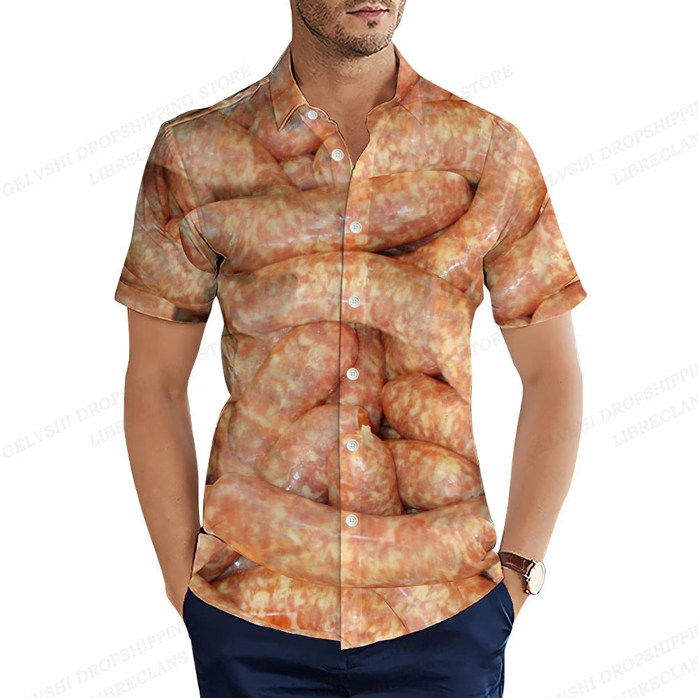 Foods Sausage Shirts Men Women Fashion Shirts Hawaiian Casual Beach Blouse Cuba Camisa Turn Down Collar Funny Chips Shirt Boy