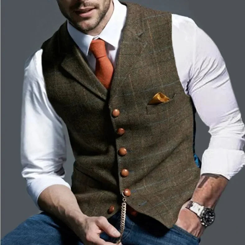 Men's Casual Classic Suit Vest Retro Herringbone Lapel Cotton Blended Tweed Slim Business Commuter Suit Lined Vest S-3XL