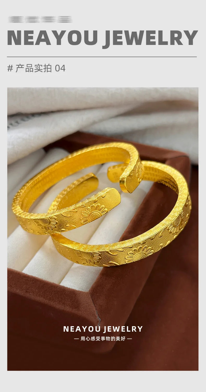 Real 9999 24k Gold Design Is Thickened and Wide, Facing the Sunflower and Engraved with the Heart Sutra, Open Bracelet Bracelet.