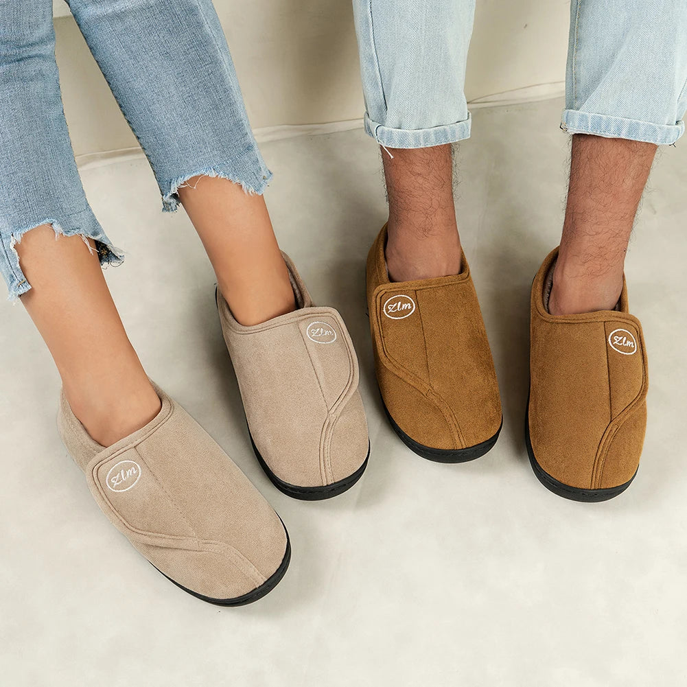 Slippers for Men Suede Leather Non-Slip Slip-on Shoes Comfy Warm Plush Walking Shoes Indoor/Outdoor for Diabetic Swollen Feet
