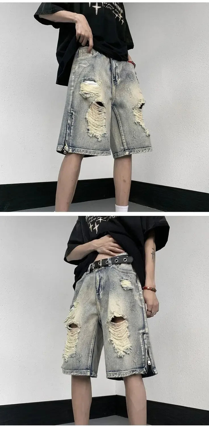 Men's High Street Ripped Denim Versatile Loose and Handsome Shorts