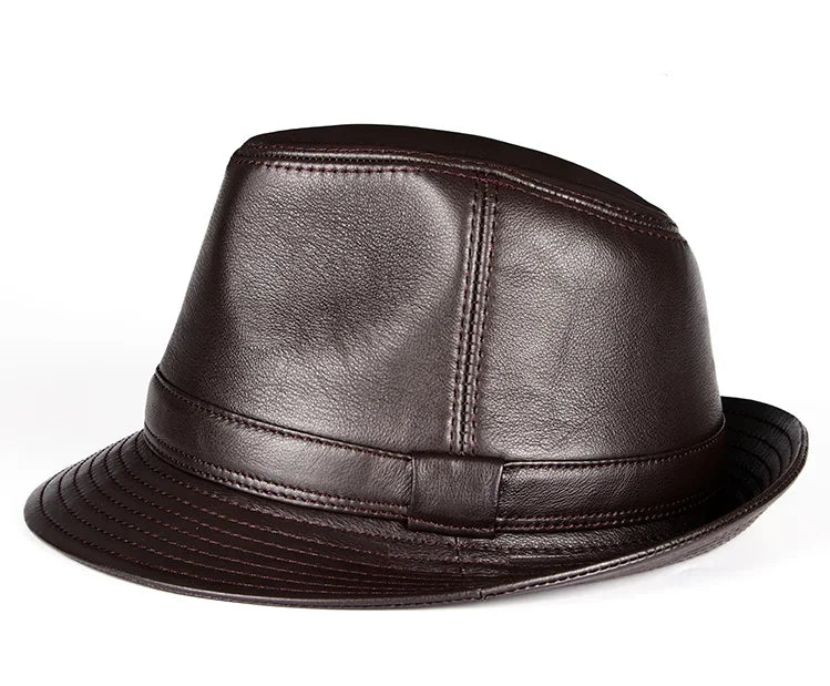 Real Leather Quality Genuine  Jazz Fedora Gentleman  SheepSkin Short Brim Black/Brown Hip Pop Fitted Top Hat Male Shows