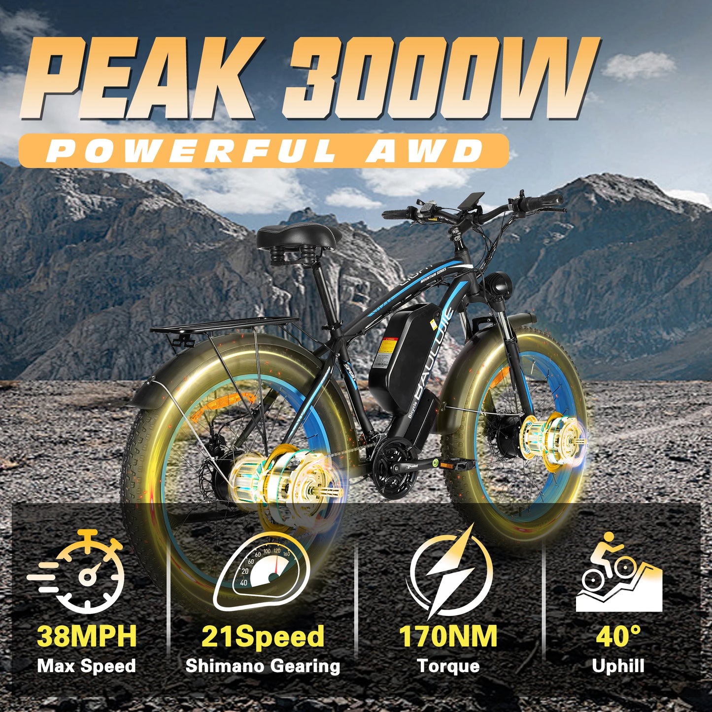 BAOLUJIE 2602 Ebike Peak 3000W Dual Motor Electric Bike 38MPH Electric Bicycle 26”*4” Fat Tire Mountain Bike for Adults off-road