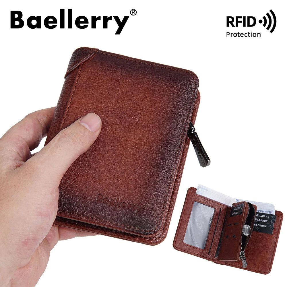 Vintage Leather Wallet for Men Baellerry RFiD Blocking Short Bifold Wallet with Zipper Closure and Coin Pocket Small Mens Purse