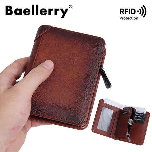 Vintage Leather Wallet for Men Baellerry RFiD Blocking Short Bifold Wallet with Zipper Closure and Coin Pocket Small Mens Purse