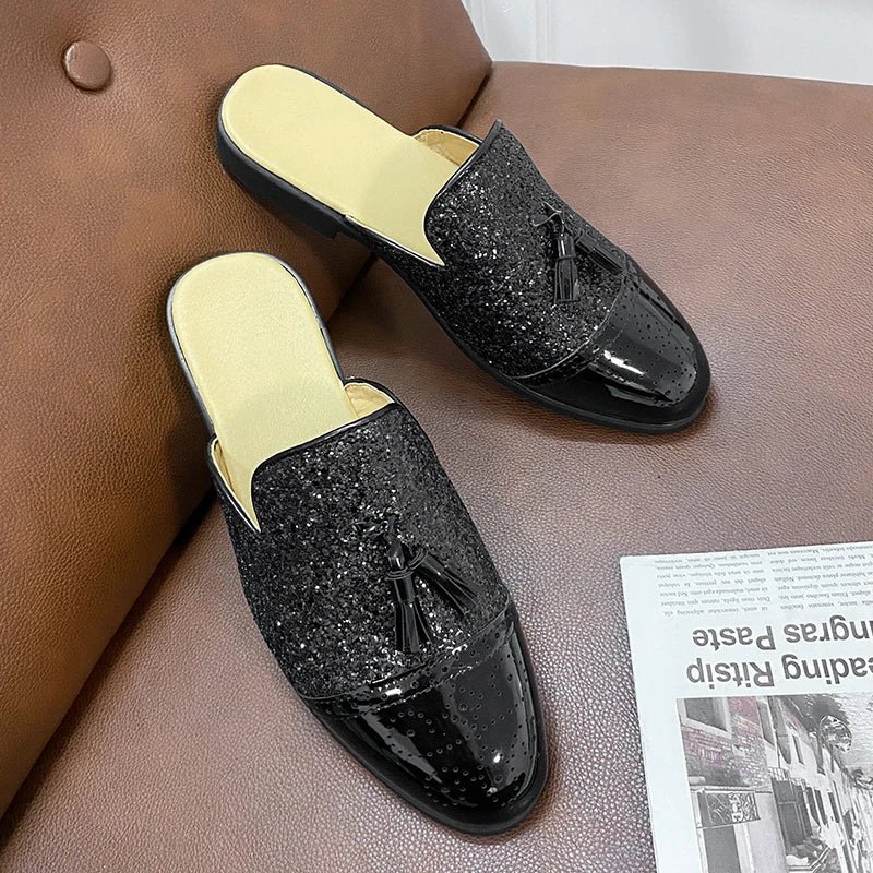 2024 New Luxury Designer Men's Casual Bling Leather Loafers Italian for Men Half Shoes Mules Male Black Slides Business Slippers