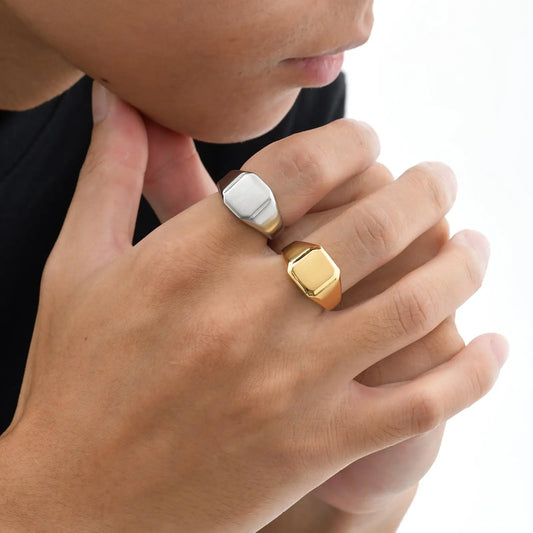 Stainless Steel Square Signet Ring for Men, Gold Silver Color High Polished Chunky Ring, Simple Statement Jewelry Thumb Ring