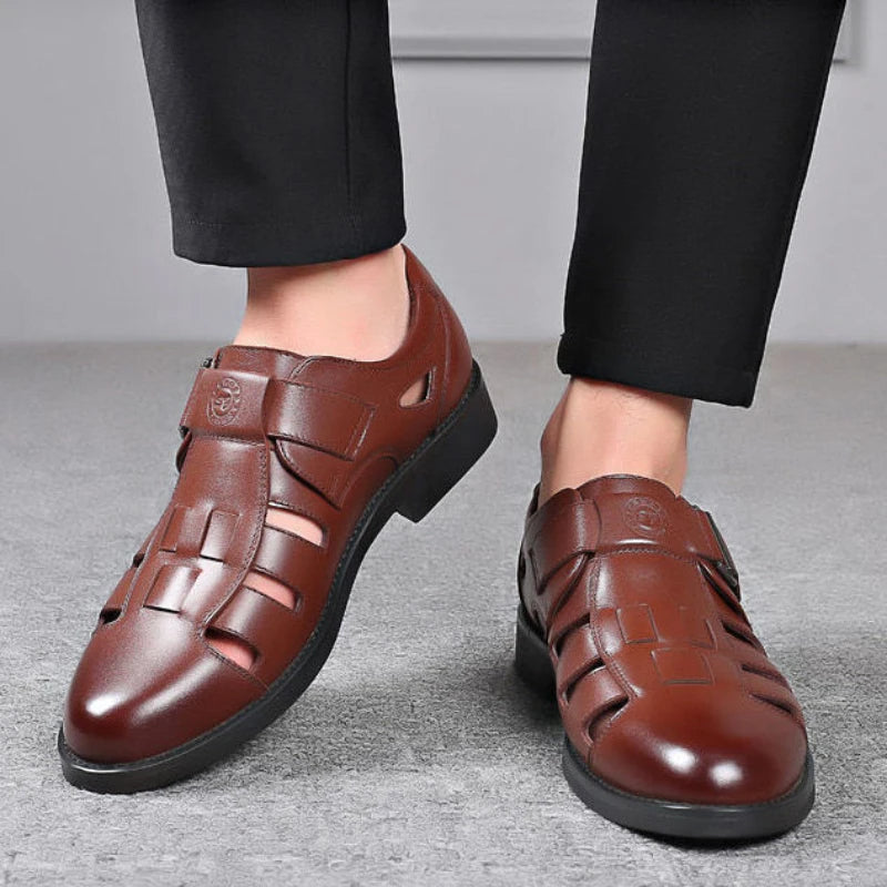 Men's Summer New Style Business Casual Genuine Leather Sandals With Hollow Outsole Anti-Slip Middle-Aged Father Leather Shoes