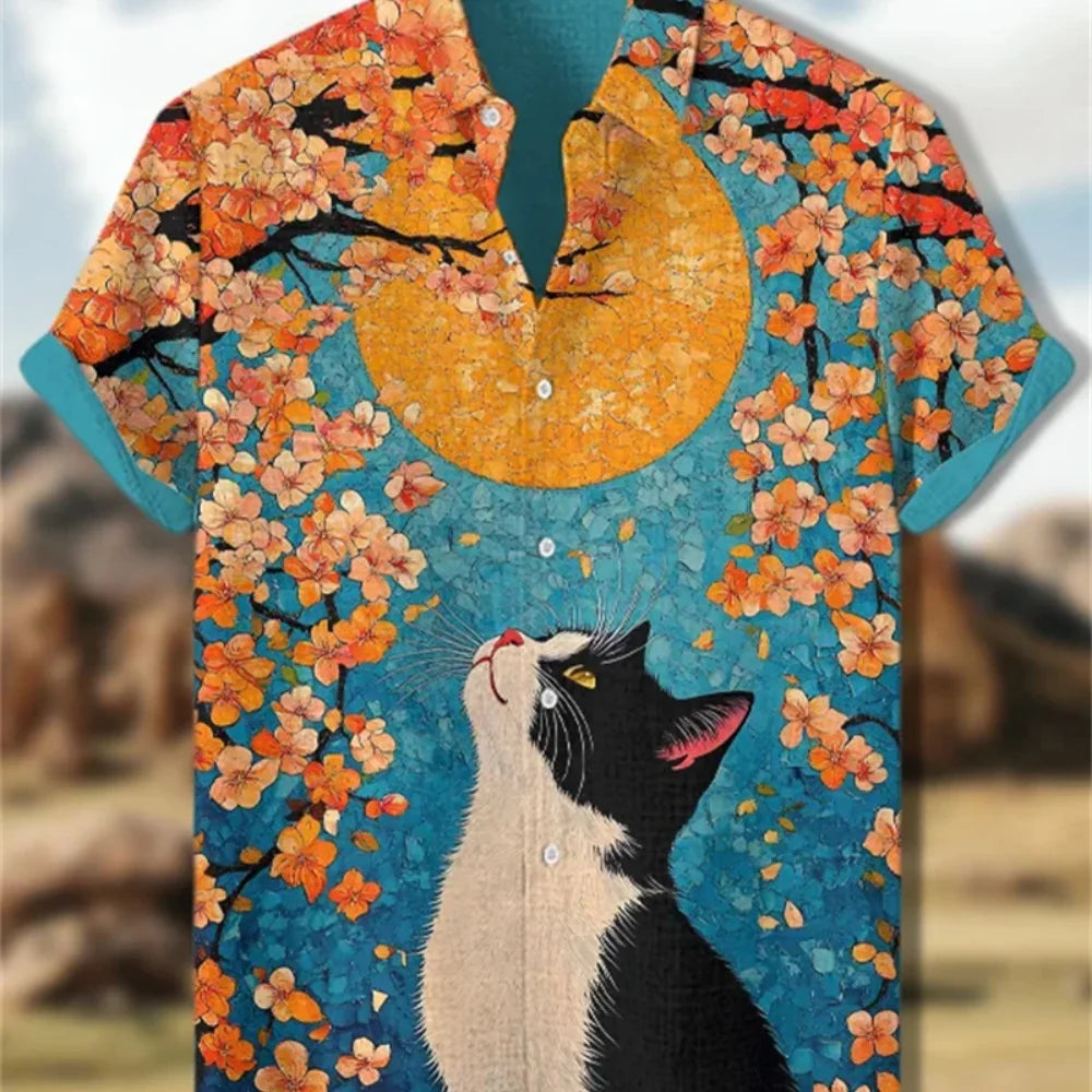 Men's Japanese Retro Art Samurai Cat Printed Linen Shirt Short Sleeve Button up Classic Lapel Design Street Casual Social Top