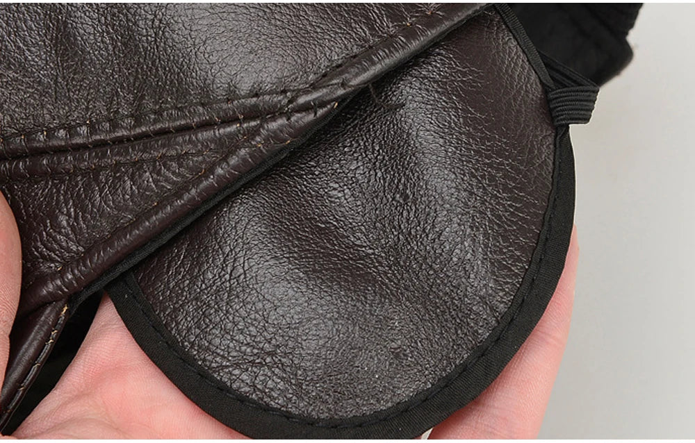 Hot Sale Casual Real Leather Earflap Cap Men's Real Cowhide Leather Caps Male Fall Winter Genuine Real Cow Leather Baseball Hats