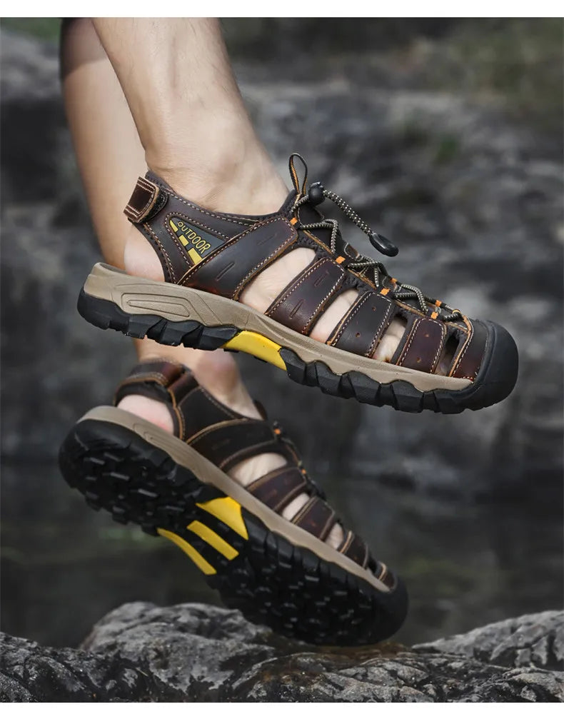 Summer Genuine Leather Men's Sandals Classic Breathable Slip-On Sandals Men Outdoor Casual Beach Sandals Sneakers Plus Size 46