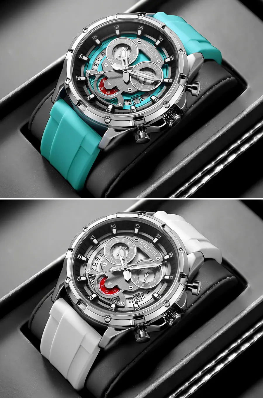 MEGIR New Sport Watches for Men Fashion Chronograph Quartz Wristwatch with Silicone Strap Luminous Hands Calendar Waterproof