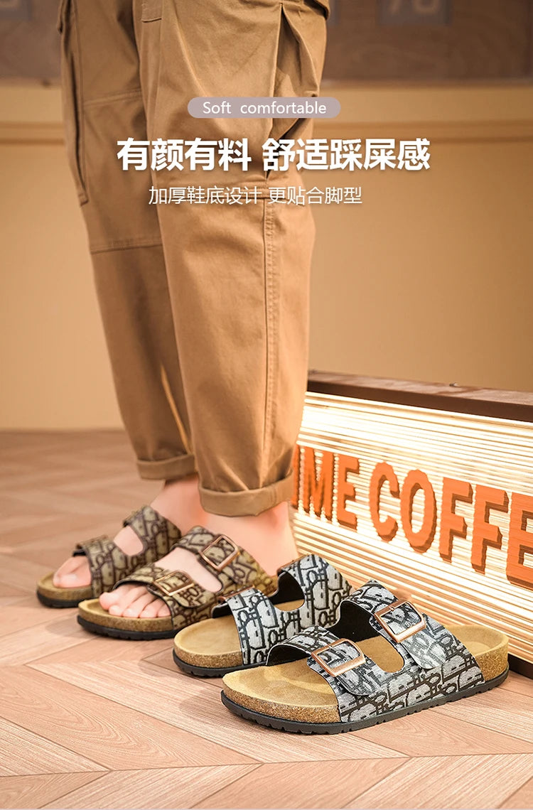 2025 Luxury Cork Slippers for Men Fashion Print Designer Slides Man Summer Mules Slippers Men Comfortable Brand Sandals Unisex