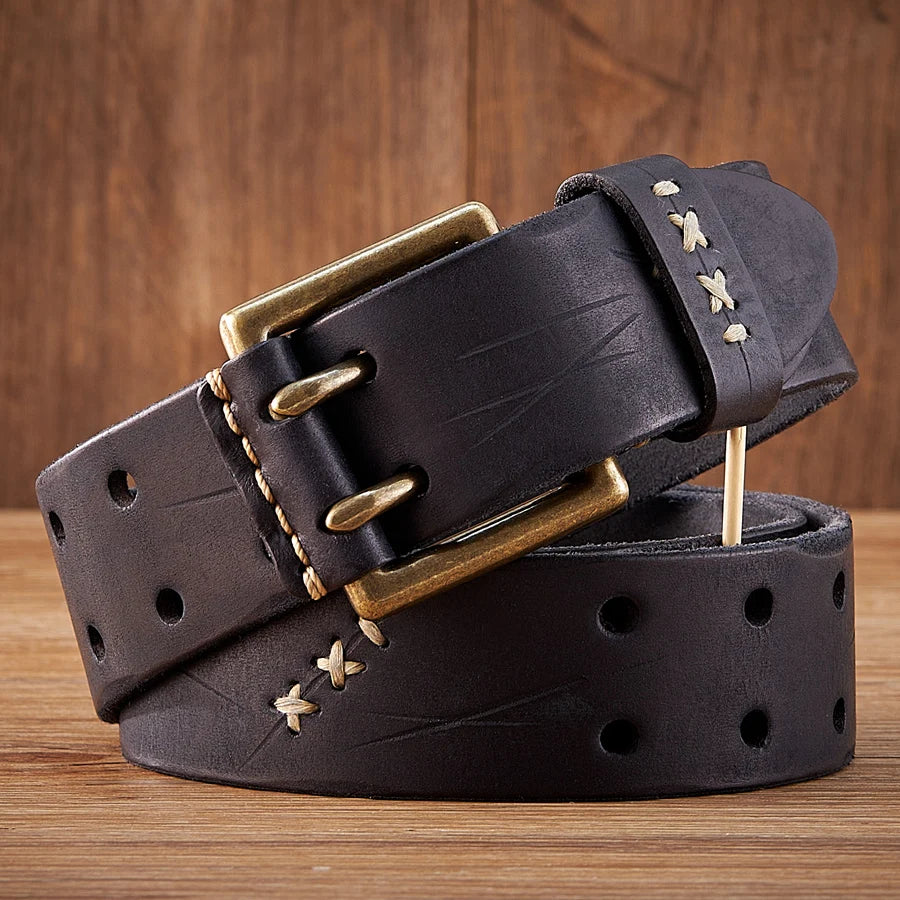 3.8CM Original Genuine Leather Army Tactical Belt Double-needle Buckle Men's Belt Washed Water Made Old Macho Jeans Belt