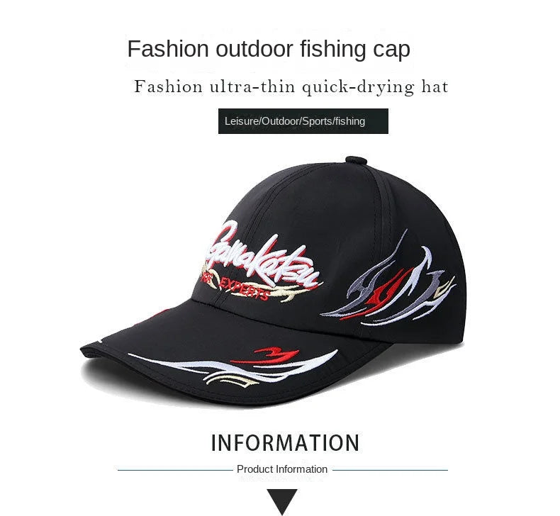 Summer Fishing Cap for Men and Women, Waterproof Sun Protection, Embroidery Cotton Caps, Outdoor Sports Hats, Black