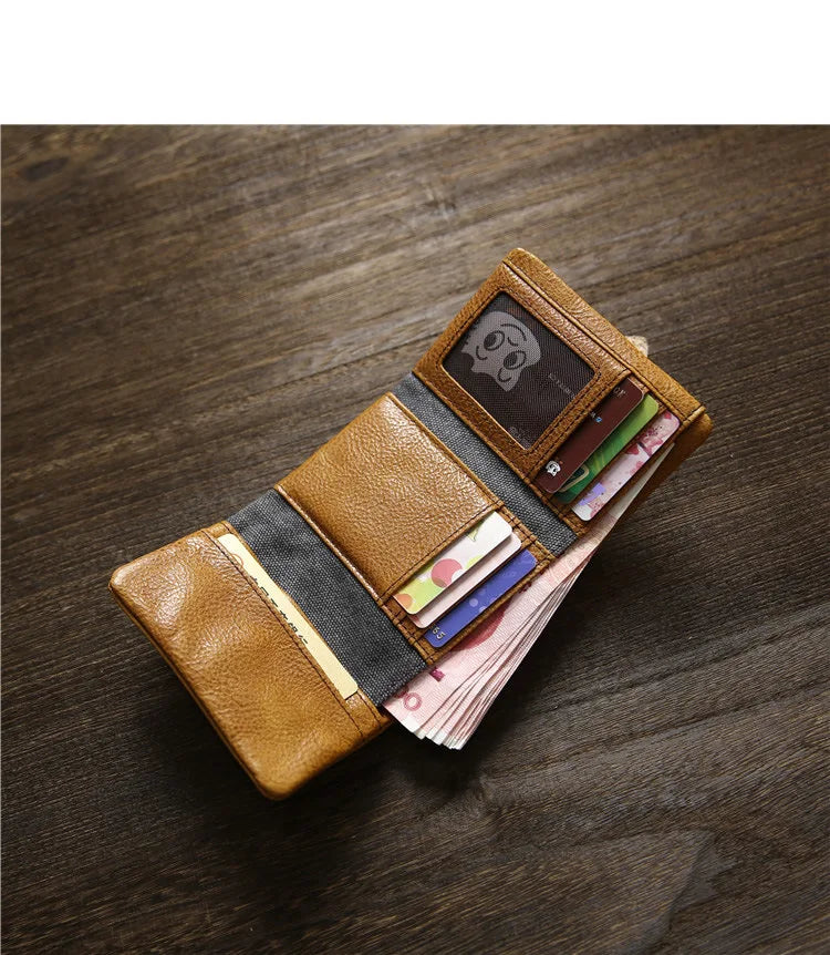 2025 Handmade Wallet Men's Short Leather Triple Fold Money Clip Cowhide Youth Buckle Student Vertical Vegetable Tanned Leather