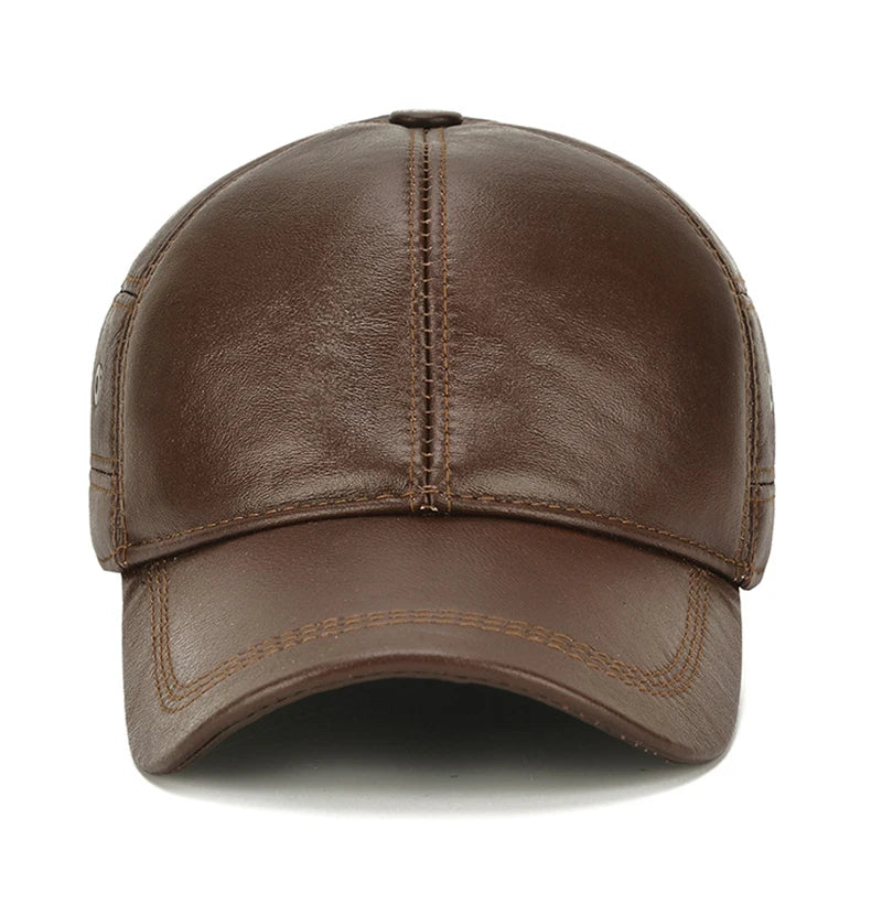 2025 New Style Men Cowhide Hat Winter Warm Outdoor Protect Ear Real Leather Adjustable Baseball Cap Men Real Cowhide Leather Cap