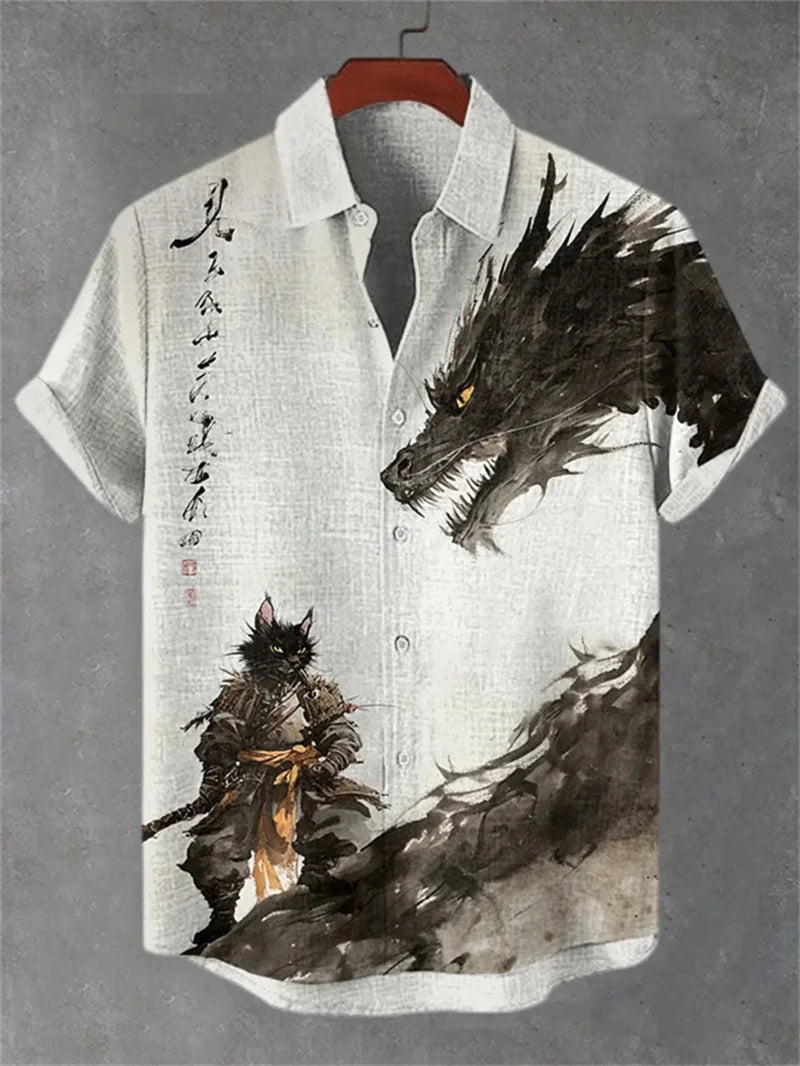 Men's Fun Black Cat Warrior Art 3D Animal Printed Casual Shirt Summer Men's Short sleeved Shirt Hawaiian Top