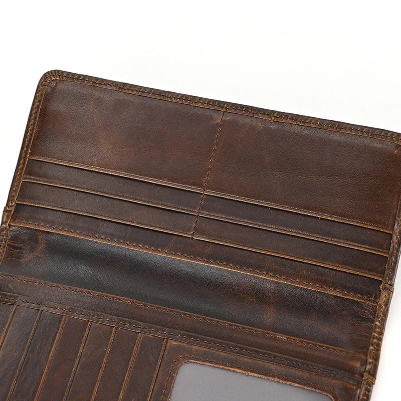 Casual Long Wallet Men Mobile Phone Male Long Purse Bifold Card Wallet Natural Cow Skin Leather Purse Men Business  Card Holder