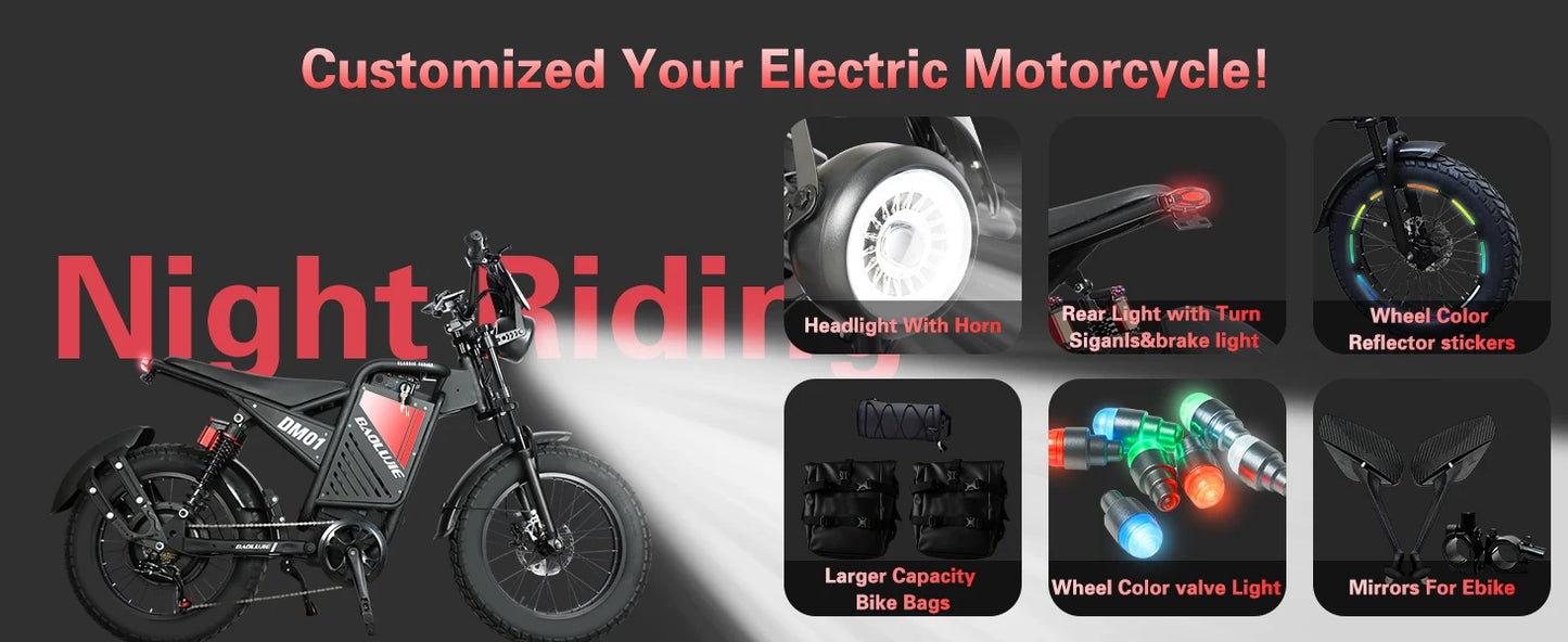 OEM DM01 Electric Motorcycles Peak 3000W Brushless Gearless Motors 60V 30AH Lithium Battery Max Speed 42MPH Adult Off Road Ebike