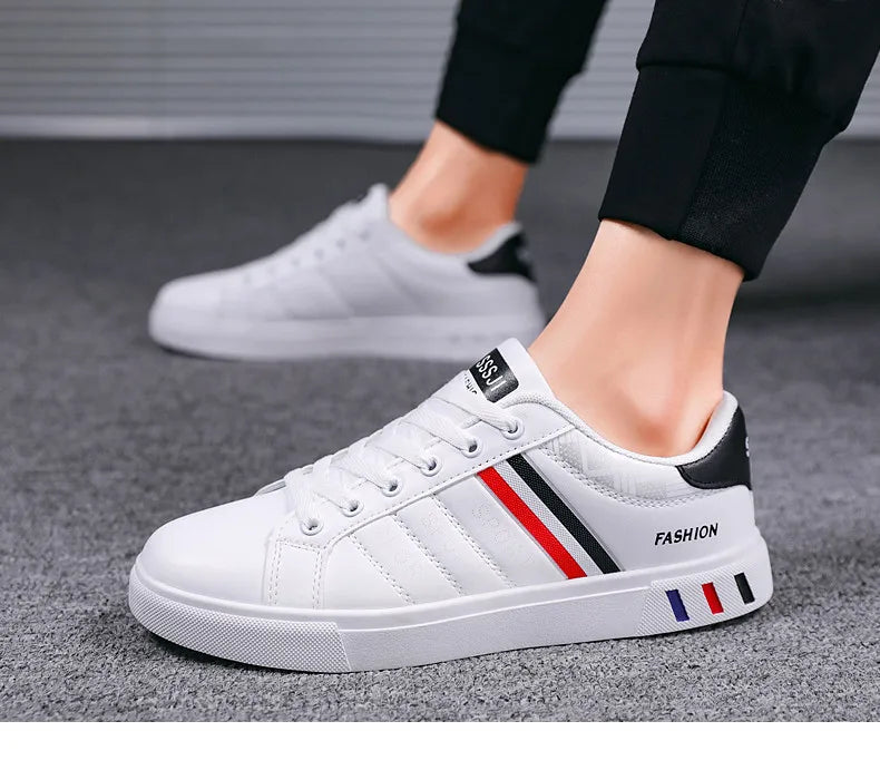 Men's Casual Sports Shoes for Men Lightweight PU Leather Sneakers  Breathable Mens Flat WhiteTennis Shoes