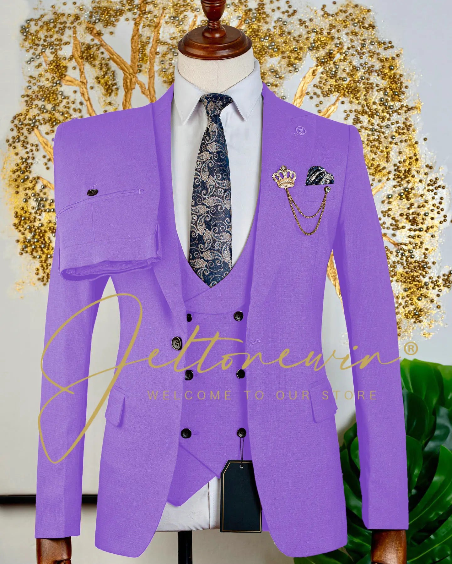 Men's Brown Three Piece Suit with Vest and Trousers Slim Fit Formal Wear for Wedding Groomsmen Party Business Occasion