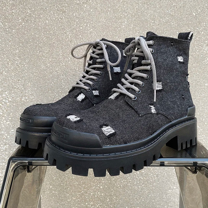 Mating boots for men new design black washed denim canvas short boots distressed style thick soled shoes Street Style