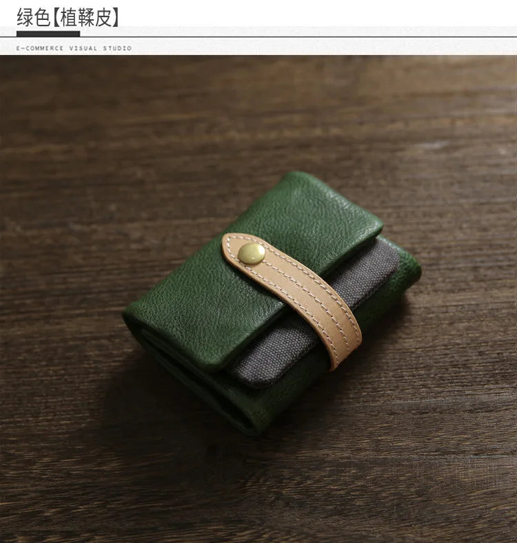2025 Handmade Wallet Men's Short Leather Triple Fold Money Clip Cowhide Youth Buckle Student Vertical Vegetable Tanned Leather