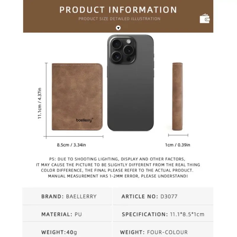 Men's Wallet Slim Sanded Leather Multi Card Holder Minimalist Casual Business Wallet for Men Compact Multi Function Short Wallet