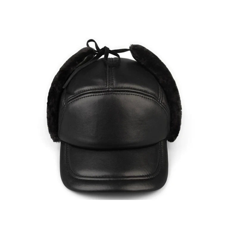 High Quality Genuine Leather Hats Winter First Layer Cowhide Warm Earmuffs Bomber Caps Plus Velvet Thicken Man Bone Caps Dad Hat