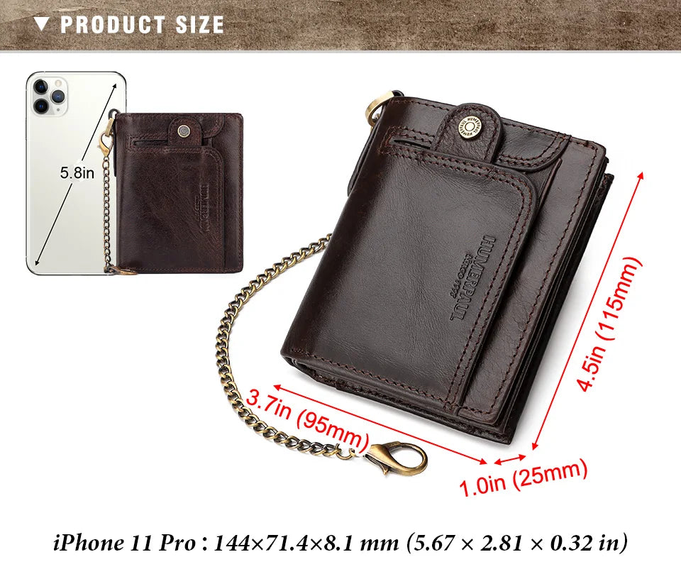 Real Leather Wallet for Men RFID Blocking Credit Card Holder Purse Male Short Bifold Zipper Coin Pocket with Anti-Theft Chain
