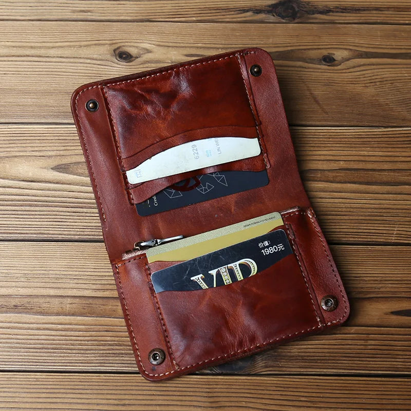 Retro Handmade Leather Wallet for Ladies Top Layer Cowhide Men's Short Wallet Wiping Color Buckle Bag Vertical Credit Card Bag